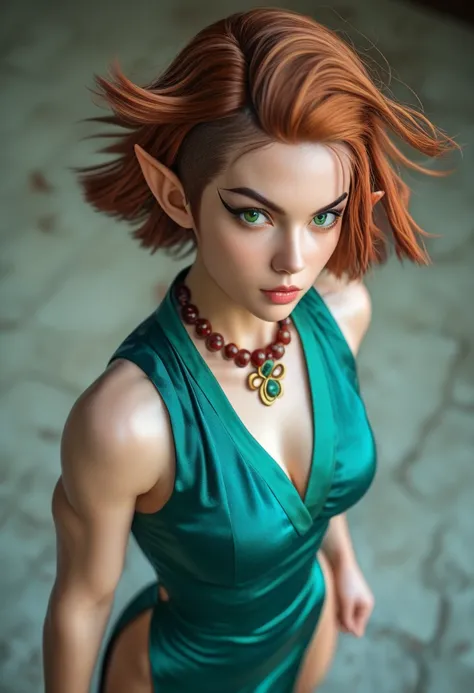 Beautiful elf female, photoreaistic, warrior monk, fair skin, (((medium copper hair))), green eyes, black eyeliner, ((medium breasts)), pointy ears, strong, fit. Wearing green chinese dress. Japanese village background. Wearing Buddhist bead necklace. Kung...