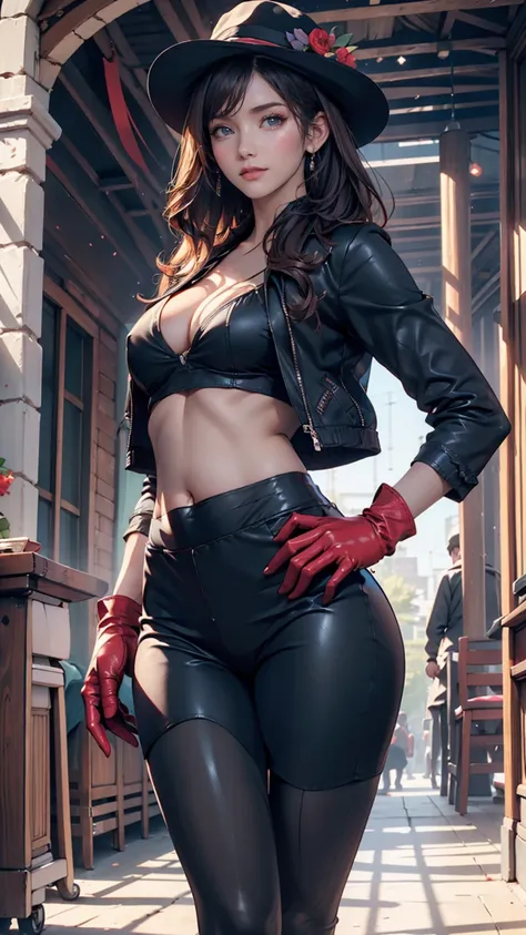 (masterpiece,  top quality:1.2),  cowboy shot , Alone,  1 girl,  Comoros Met , smile,  watching viewers,  black headwear ,  midriff length jacket,  Long Sleeve , Thumbtuck Glove 、 Low Rise Leggings 、Stiletto heels、Underboob visible、 firm belly 、 place your...