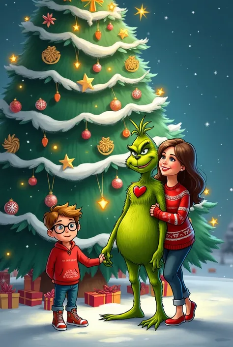 Cartoon cartoon 
Del Grinch with an  boy with glasses and an adult woman who likes Christmas, all of them holding hands next to an ornate Christmas tree