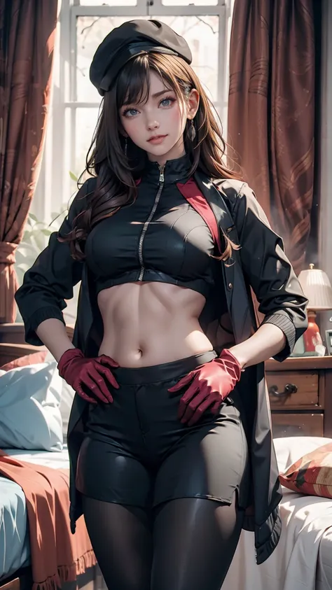 (masterpiece,  top quality:1.2),  cowboy shot , Alone,  1 girl,  Comoros Met , smile,  watching viewers,  black headwear ,  midriff length jacket,  Long Sleeve , Thumbtuck Glove 、 Low Rise Leggings 、Stiletto heels、Underboob visible、 firm belly 、 place your...