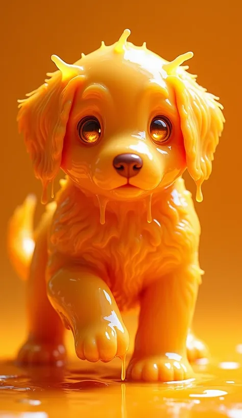 "A surreal, magical puppy fully formed from thick, rich orange juice. Its entire body, including the head, legs, and tail, is made of smooth, gushing orange liquid. The puppy’s shape is intact, with every detail crafted from the dense juice. The liquid’s d...