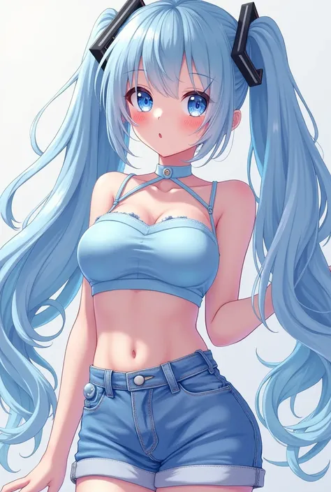  pastel blue clothes 、Denim shorts、 girl、VTuber、 game commentator broadcast 、Kami idiot hair ,  extra large breasts ,  hair pastel blue black and slender bunting pin eyes pastel blue and blue eyes highlights