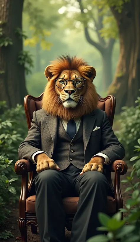 create a lion sitting in the chair in the forest, with teacher clothes and eye glasses, looking direct with the 2 eyes to the camera