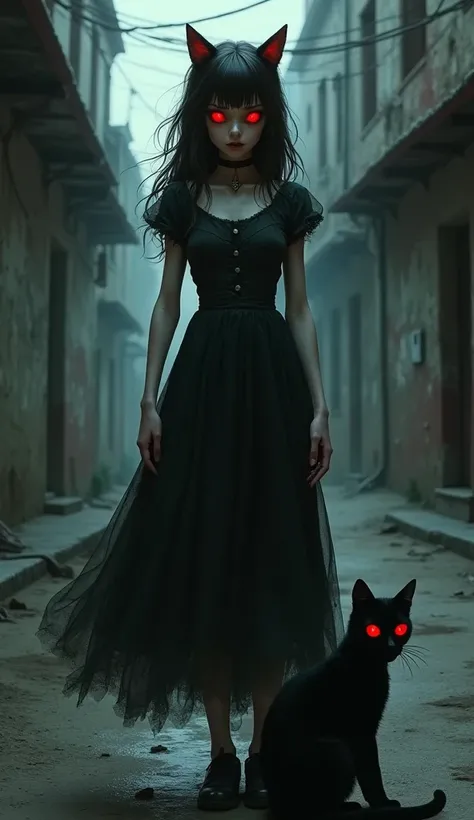 Horror, young female, brunette,cat ears,cat tail,black cat female, red eyes, gothic dress,dirty street, horror style, dark theme 