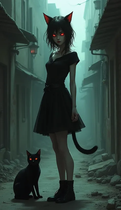 Horror, young female, brunette,cat ears,cat tail,black cat female, red eyes, gothic dress,dirty street, horror style, dark theme 