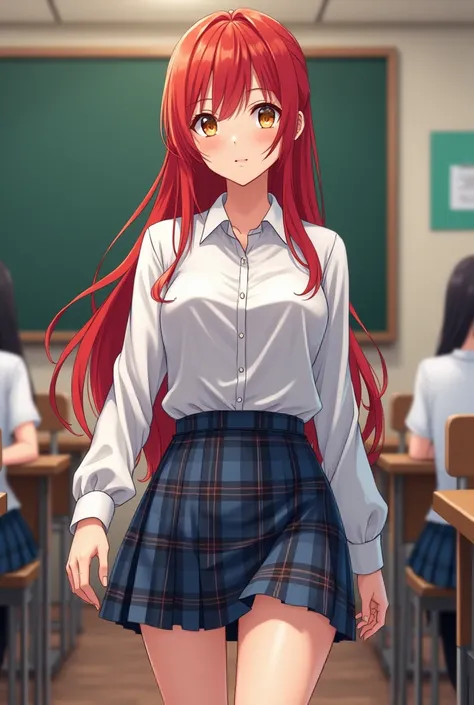  Eighteen year old girl,  long red hair,  honey-colored eyes , oechos grandes, caderas grandes.  She is a high school student , She wears a schoolgirl uniform , white shirt and plaid skirt . Take a serious walk around the classroom.  she has no bangs ,  he...