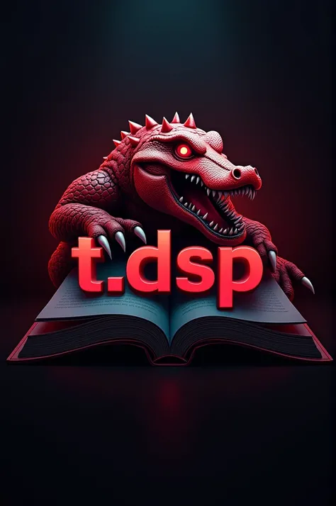  3D Drawing Gamer Style Logo Design Text T.DSP Black Red Tone With Red Crocodile On Book 