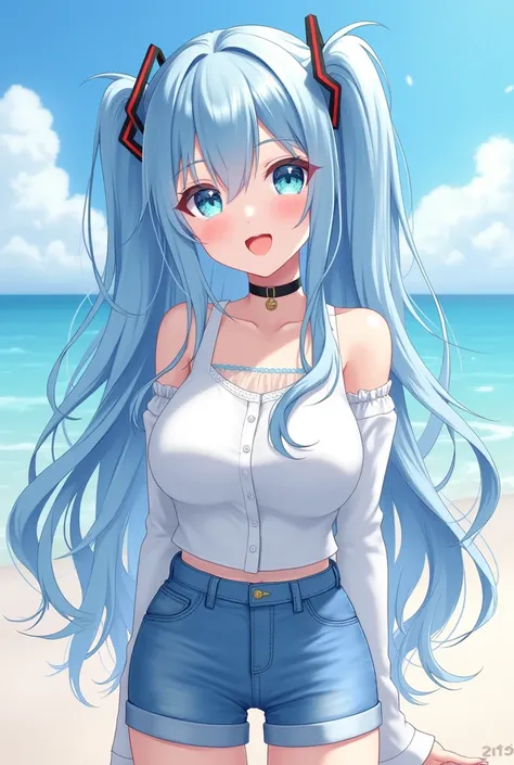  pastel blue clothes 、Denim shorts、 girl、VTuber、 game commentator broadcast 、Kami idiot hair ,  extra large breasts ,  hair pastel blue black and slender bunting pin eyes pastel blue and blue eyes highlights、High Quality Sea