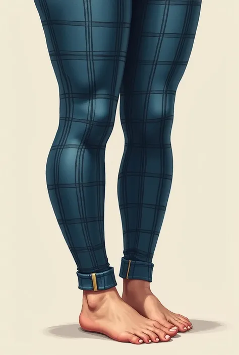 Big, feminine legs that wear pants that reach the calves without rolled-up sleeves, very close to the legs and blue plaid flannel, and bare feet and large, and the heel should be large and the toes should be the same