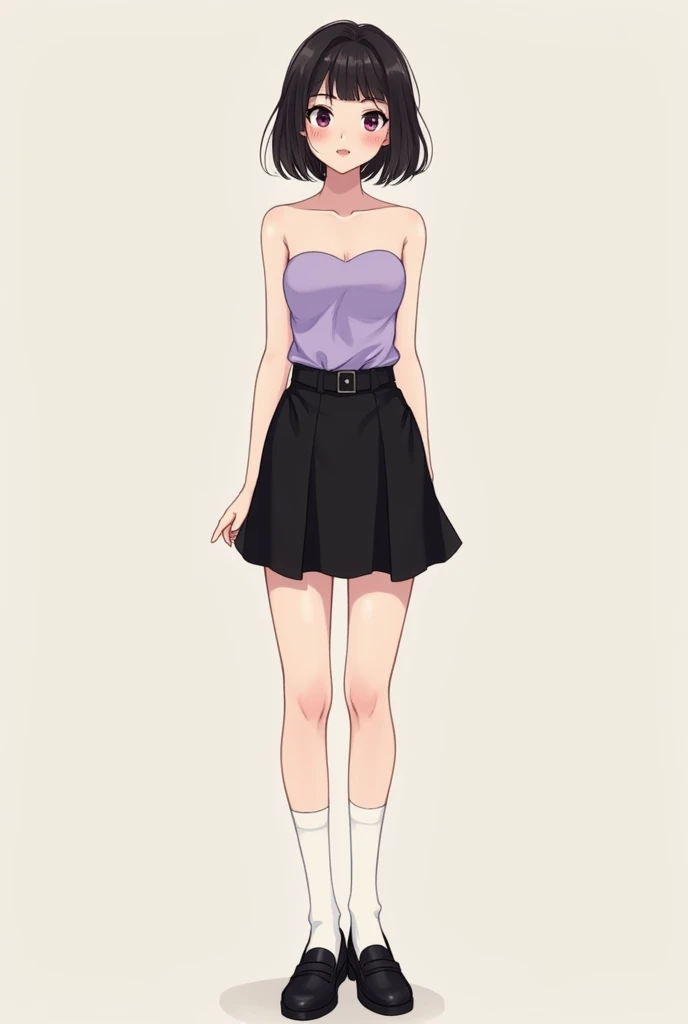 Create an image coquette outfit for a girl,
wearing plain lilac tube top pair with plain black short skirt , and black loafers with white sock. 50 and short hair without bangs, semi round face, DONT INSERT THE TUBE  IN THE SKIRT,  plain tube only without s...