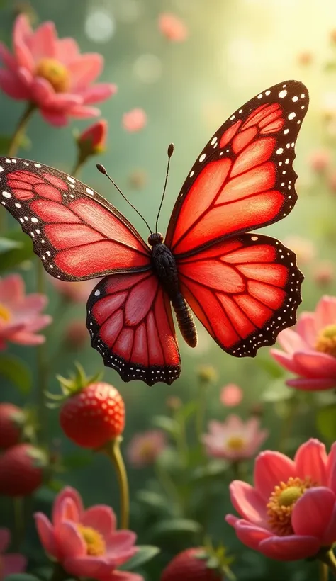 A butterfly with wings designed like sliced strawberries, flying gracefully among blooming flowers in a garden."