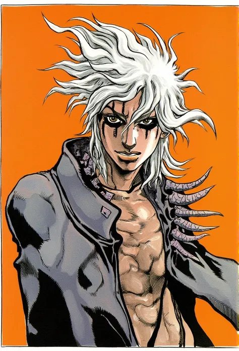 In a strikingly intricate traditional art style reminiscent of Hirohiko Araki, 
bizarre pose, weird pose, strange pose, long flowing hair, messy long hair, long hair, hair strands, white hair, patterns on hair, black lines on face, black iris, black eyes, ...