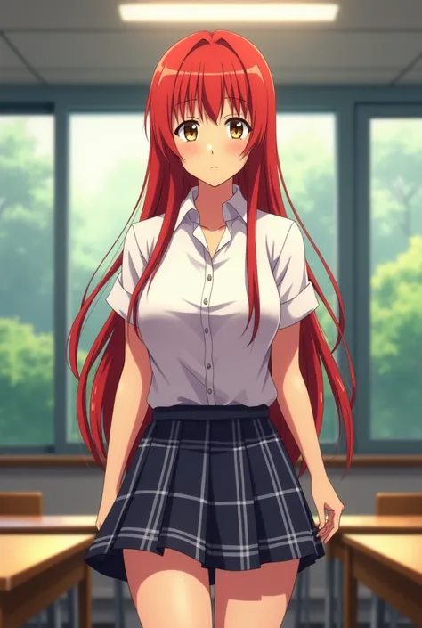  Eighteen year old girl,  long red hair,  honey-colored eyes , oechos grandes, caderas grandes.  She is a high school student , She wears a schoolgirl uniform , white shirt and plaid skirt .  She walks around the classroom distracted.  she has no bangs , S...