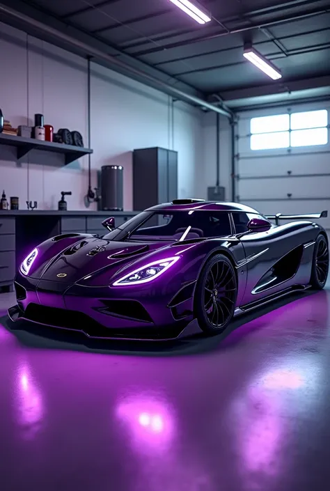 Koenigsegg jesco in garage with purple headlights on 