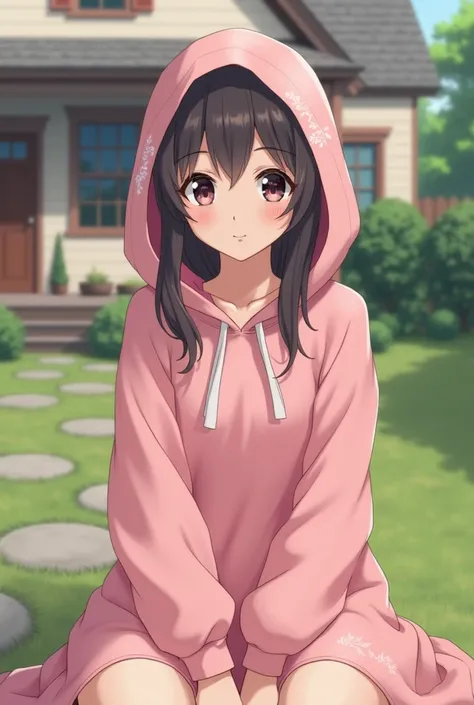 Teenage girl wearing pink hooded dress is sitting in front of house 