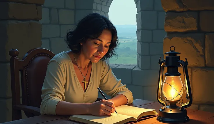  Jeane Dixon aged 50 to 60 writing her prophecies on an ancient tower
At the top of a stone tower , with short dark hair gently wavy ,  Jeane is seated at a wooden desk .  His oval face reflects inspiration while his big eyes observe the horizon before ret...