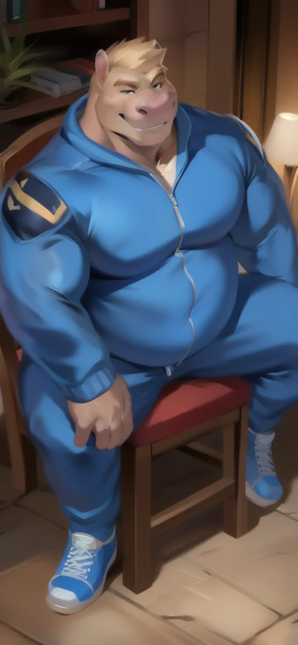 Solo, male Tall​ ,huge​ body​,​ Chair Ride ,den,big hippo ,blue Tracksuit soldier , Wear combat shoes, overweight, muscular, Smirking​ , by chunie