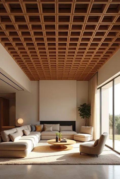 Modern minimalist style living room，The design that requires a grille ceiling，Warm colors