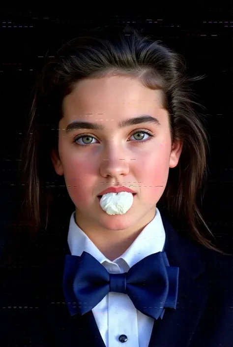 (very realistic photography),(masterpiece, best quality:1.3), 1girl, (alone), front view, her beautiful face,
((young Jennifer Connelly)),(at age 15),
she wear in tidy dark blue high school blazer uniform and immaculate shirt with blilliant blue bow tie.,
...