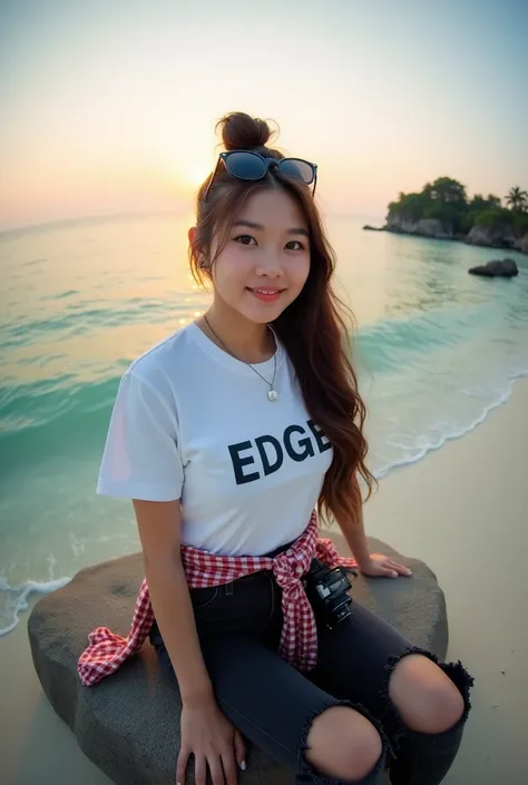 photography fisheye lens of a beautiful clean face korean woman chubby with long hair pulled up in a bun with sunglasses on top of the head, in a standing style, wearing a white t-shirt that says "EDGE" tied a checkered shirt around his stomach, black jean...