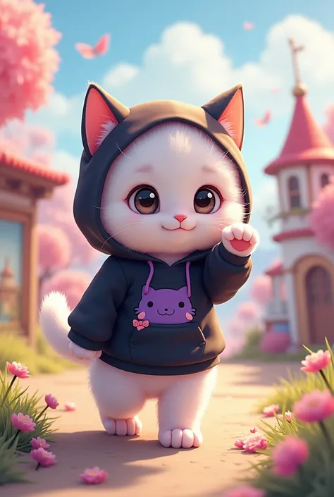 kitten 、(( Im wearing a Sanrio character Kuromi hoodie   ))、      Cute Background、Stand and walk、         raise your hand、 Real Cat     、8k、      Im walking through the Sanrio world      