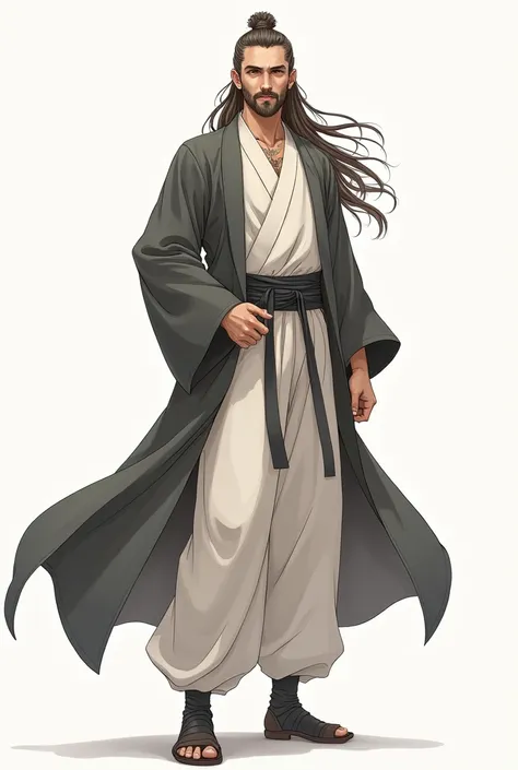 A man with long and flowing hair, dressed in a loose three-piece luxurious coat, Revealing a calm and carefree expression, The style is reminiscent of Chinese martial arts and Japanese anime character design, showcasing a mature artistic style, ( ( charact...