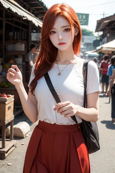  A picture of a young redheaded woman strolling through an old Thai market，Realistic style,  Soft Smile , midjorney&#39;s Artwork, Lightism, The final intricate contrast between light and dark ,  IPA Award-Winning Masterpiece , Artistic Lenses, Warm tones,...