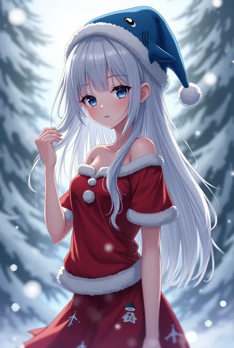 Anime girl Long hair, white hair, black and white eyes, frosty face, red Christmas shirt with shoulders, short sleeves, Christmas skirt, Christmas hat filling, shark on head, left hand holding hair