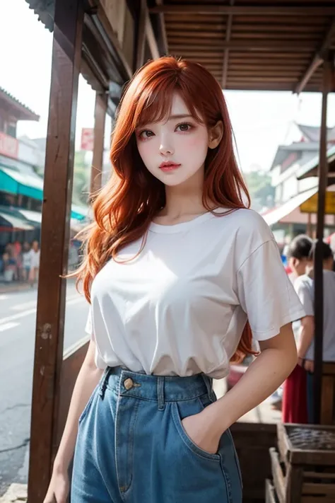  A picture of a young redheaded woman strolling through an old Thai market，Realistic style,  Soft Smile , midjorney&#39;s Artwork, Lightism, The final intricate contrast between light and dark ,  IPA Award-Winning Masterpiece , Artistic Lenses, Warm tones,...