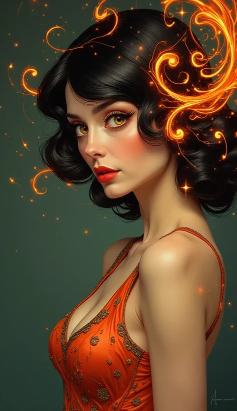 A bewitching beauty with eyes that sparkle with magic, surrounded by swirling wisps of smoke and flame. Inspired by Art Deco, her form is sleek and stylized, with flowing lines and geometric patterns that capture the glamour of the Roaring Twenties.