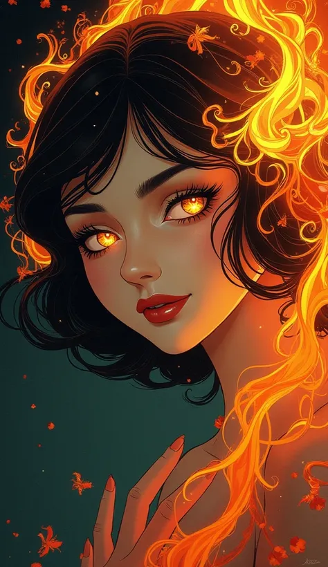 A bewitching beauty with eyes that sparkle with magic, surrounded by swirling wisps of smoke and flame. Inspired by Art Deco, her form is sleek and stylized, with flowing lines and geometric patterns that capture the glamour of the Roaring Twenties.