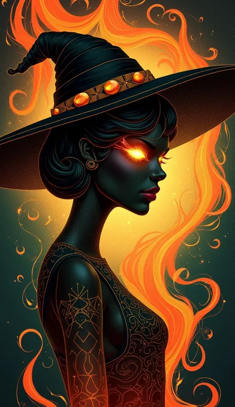 A bewitching beauty with eyes that sparkle with magic, surrounded by swirling wisps of smoke and flame. Inspired by Art Deco, her form is sleek and stylized, with flowing lines and geometric patterns that capture the glamour of the Roaring Twenties.