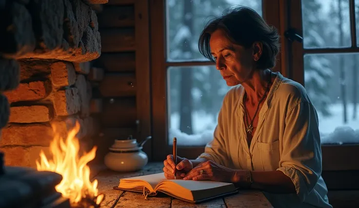  Jeane Dixon aged 50 to 60 writing her prophecies in a cabin during a blizzard
Inside a log cabin heated by a fireplace,  with short, dark hair illuminated by fire ,  Jeane writes in a thick journal with a leather cover . Her oval face exudes calm ,  while...