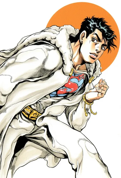 In a strikingly intricate traditional art style reminiscent of Hirohiko Araki, 
superman cut, Timothy chalamet white robe, white coat, white fluffy jacket, bizarre pose, whole body, full body, part 7, part 8, part 9