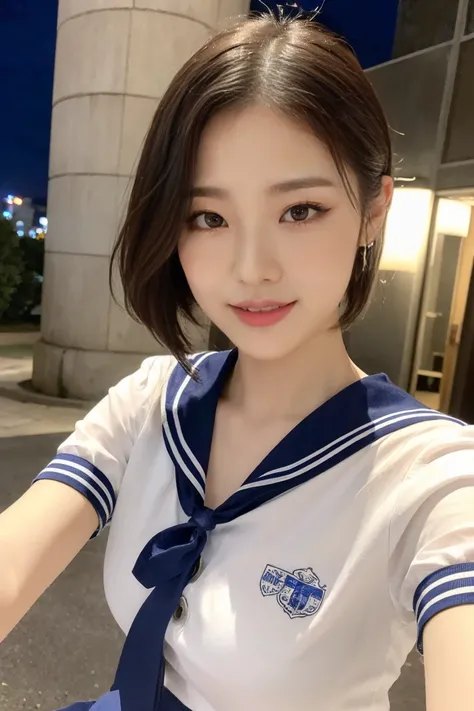 (A stunning Japanese-Korean lady, relaxing near Tokyo Tower at night, natural pose, wearing a traditional Serafuku, Seifuku, tight white shirt, white blouse button-down, translucent short-sleeve, plaid skirt, form-fitting pleated skirt, red ribbon bow tie,...