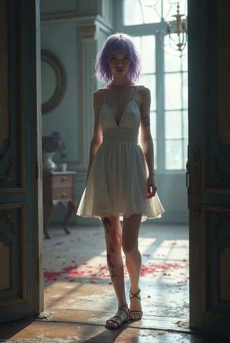  Young woman with whitish purple hair and lavender-colored eyes ,  dressed in a torn and stained white strappy dress,  cuts on legs and arms by rosales , sandal only on her left leg .  Panting at the entrance of a large castle living room .