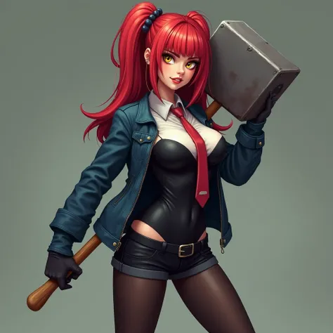 Punk Teen Girl,  big breasts, fit,  sexy, , irritated look , Holding a giant hammer, Red hair, Twinkle Tie ,  yellow eyes, Black bodysuit , Low Waist, Dark blue jacket,  black shorts ,  black pantyhose,  Dark Blue High Heels