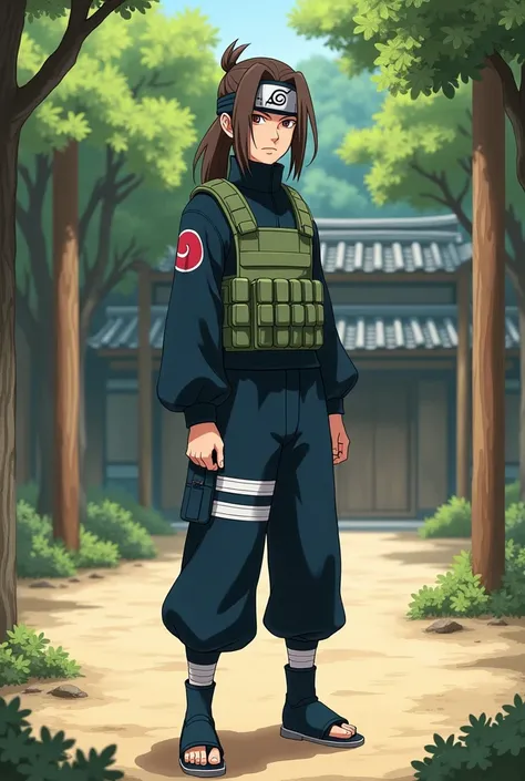 Create a image of iruka umino in his konoha ninja outfit in Japanese ninja training ground 