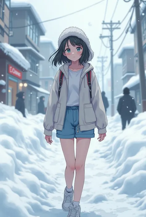 She is a high school girl。
Its snowing in the middle of winter and 、 in a situation where snow is piled up all around 、 they are dressed like summer wearing sleeveless clothes and 。There are people walking around town 。 There is so much heavy snowfall that...