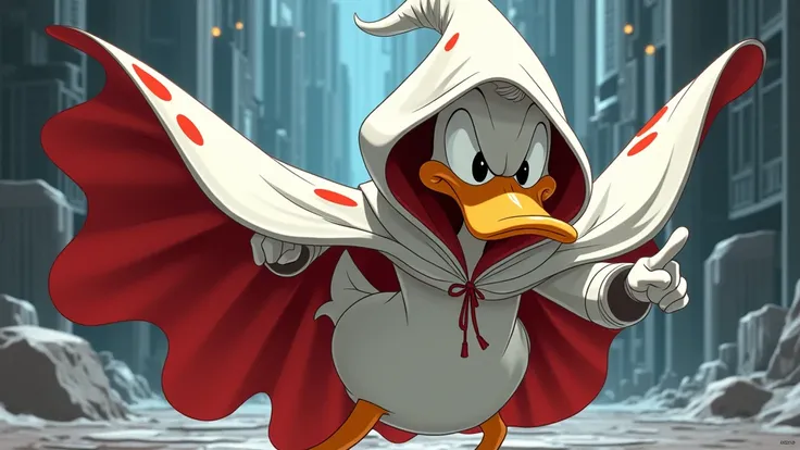 A highly detailed and dynamic illustration of Daffy Duck wearing a customized version of the white cloak of Daffy the Wizard. The cloak retains the characteristic red and white color scheme of Daffy the Wizard but is modified to fit Daffy’s iconic cartoon ...