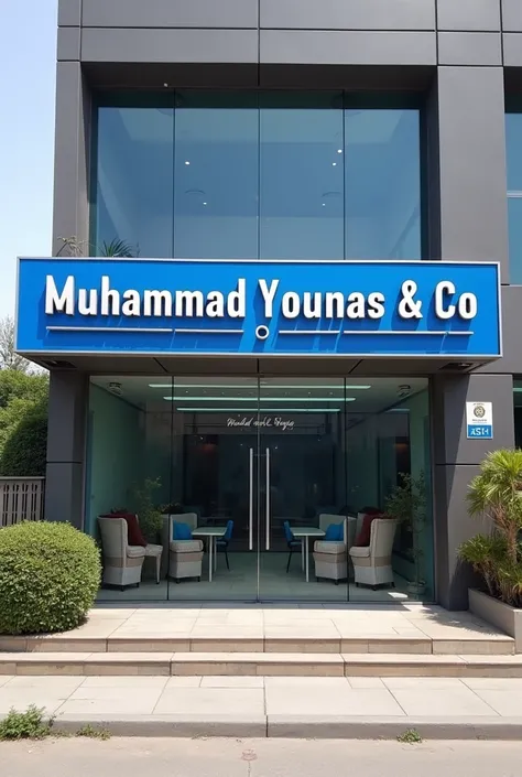 generate an image of a Pakistani office with the name that says "Muhammad Younas & Co", the name should be in white with a blue background. The image should be a Pakistani office and the nature of work for this office is that they provide SNGPL services an...