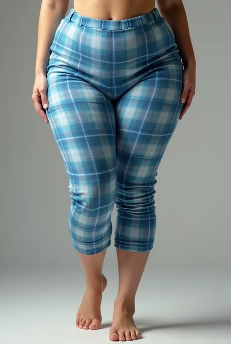 Big, feminine and curvaceous legs that wear pants that are very close to the legs and made of blue checkered flannel that reach the middle of their calves, And the feet must 
be barefoot and big and the heel should be big and the toes just as big and notic...