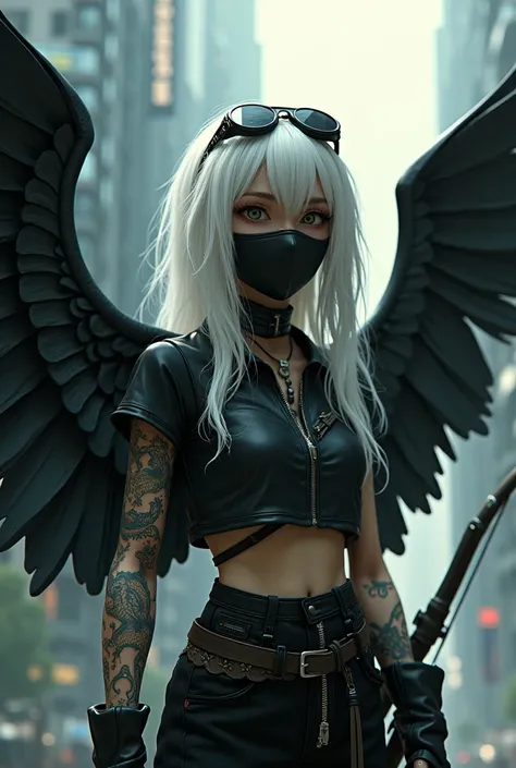  ,   with platinum white hair  , Long and rebellious  .   crocodile tattoo all over the arm,  big black fairy wings .  Cyberpunk hunters clothing  ,   short sleeve shirt  ,   holding a bow  .   Aviator glasses on top of the head  .   black mask covering th...