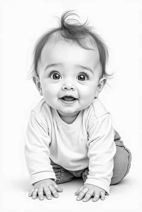 An image 
Of a baby more or less than 3 months old with beautiful eyes, beautiful eyelashes and beautiful eyebrows with a long sleeve bag and a pair of jeans with a beautiful smile, who is white with brown hair and that is for a portrait a pencil drawing w...