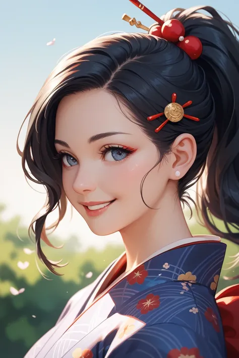 A perfectly beautiful woman, 28 years old, wearing a kimono with a red peony pattern, smiling looking straight ahead, black hair tied up with a hairpin, black hair and ponytail,
close-up of face, Ukiyo-e style