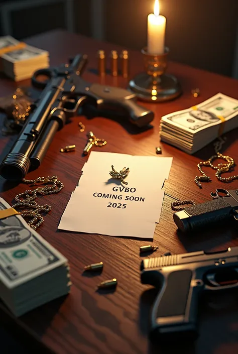 I want a table that has a chain with diamonds and a pendant with a seven and I want a paper that says gvbo coming soon 2025 and that the table is full of bills and weapons with bullets