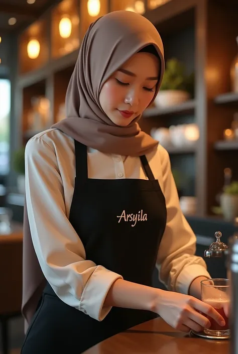  A beautiful Korean woman wearing a hijab,  works in a fancy bar as a barista , with a light brown uniform to match the skirt,  wear a black apron there is an inscription "arsyila " on the apron  ,was compiling a guest order drink, fulhd high ratio  