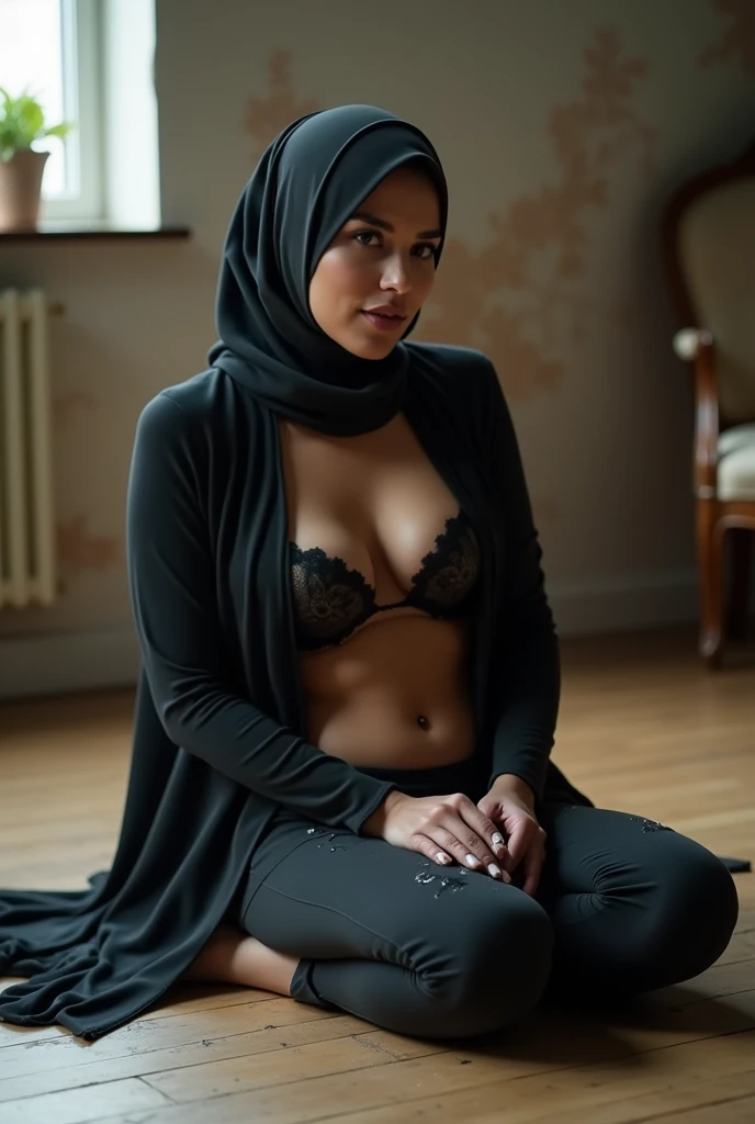  there is a sexy hijab woman sitting on the floor with slime on her body, sie boob ,  high-quality video ,, she faces the camera, throw, open stomach, open breasts,open vagina mecca , , by sexy 