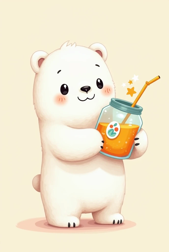 Adorable cartoon polar bear holding a jar of juice in his hand