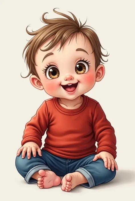 An image 
Of a male baby more or less than 3 months old with beautiful eyes, beautiful and long eyelashes ,  drawer, a long sleeve red bag and a pair of jeans and with a beautiful smile, who can feel joy, that he is white with brown hair and that it is for...